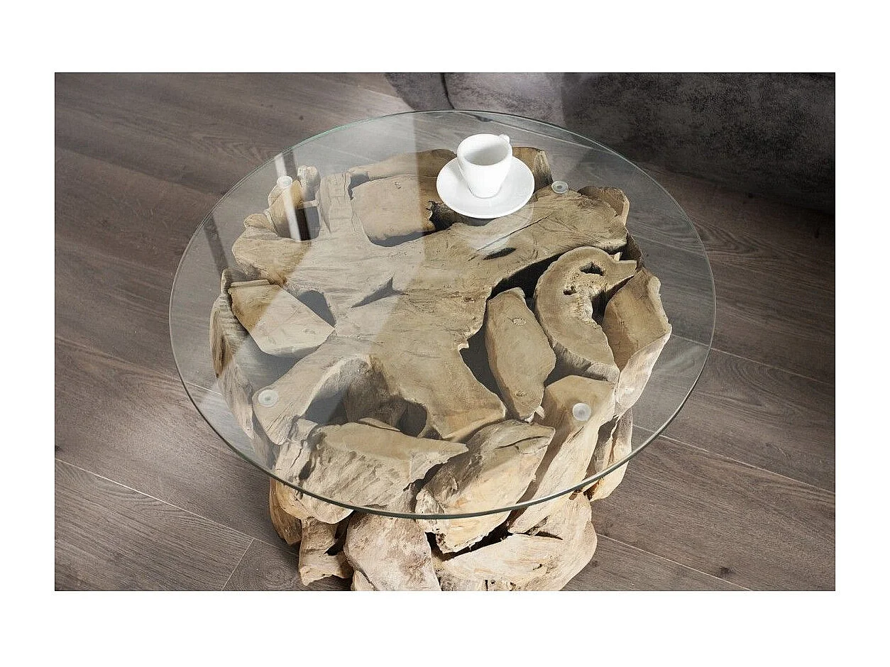 Table basse ronde ARBOREA 60 cm – Table basse en bois flotté avec plateau en verre trempé