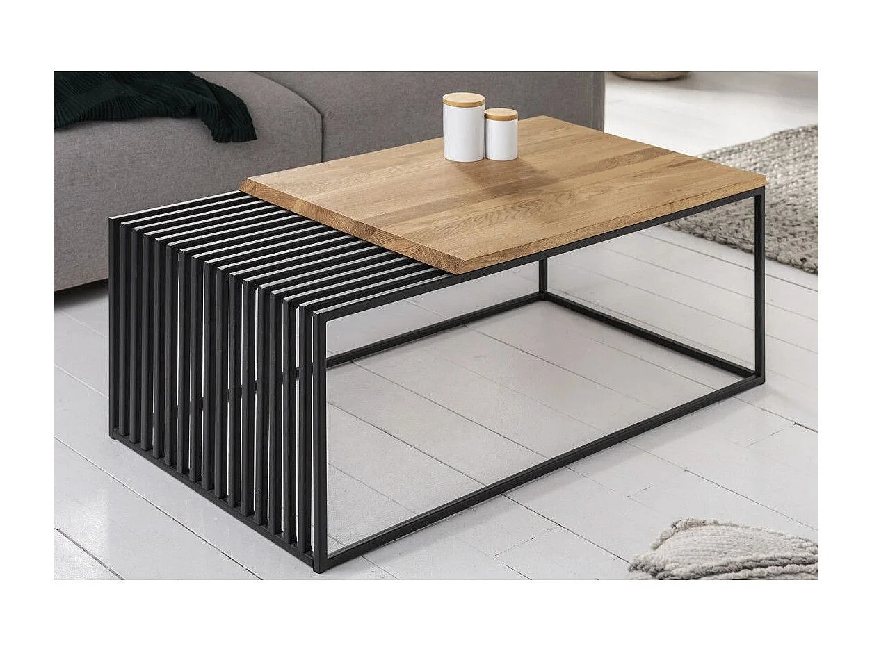 Table basse ABITTA rectangulaire 100 cm chêne et métal – Moderne avec plateau mixte bois et métal ajouré