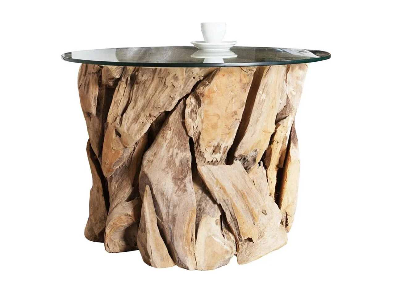 Table basse ronde ARBOREA 70 cm – Table basse en bois flotté avec plateau en verre trempé