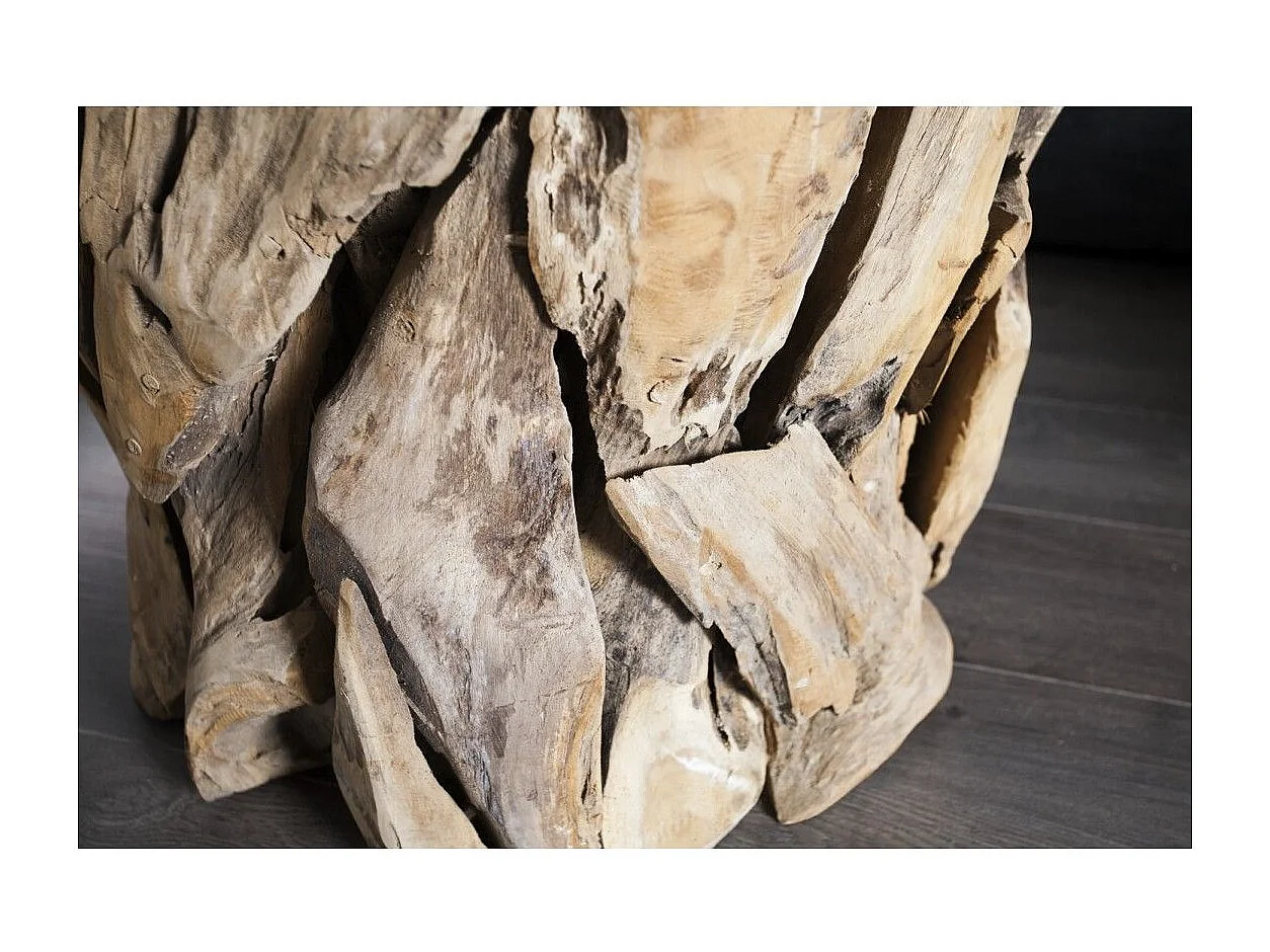 Table basse ronde ARBOREA 70 cm – Table basse en bois flotté avec plateau en verre trempé