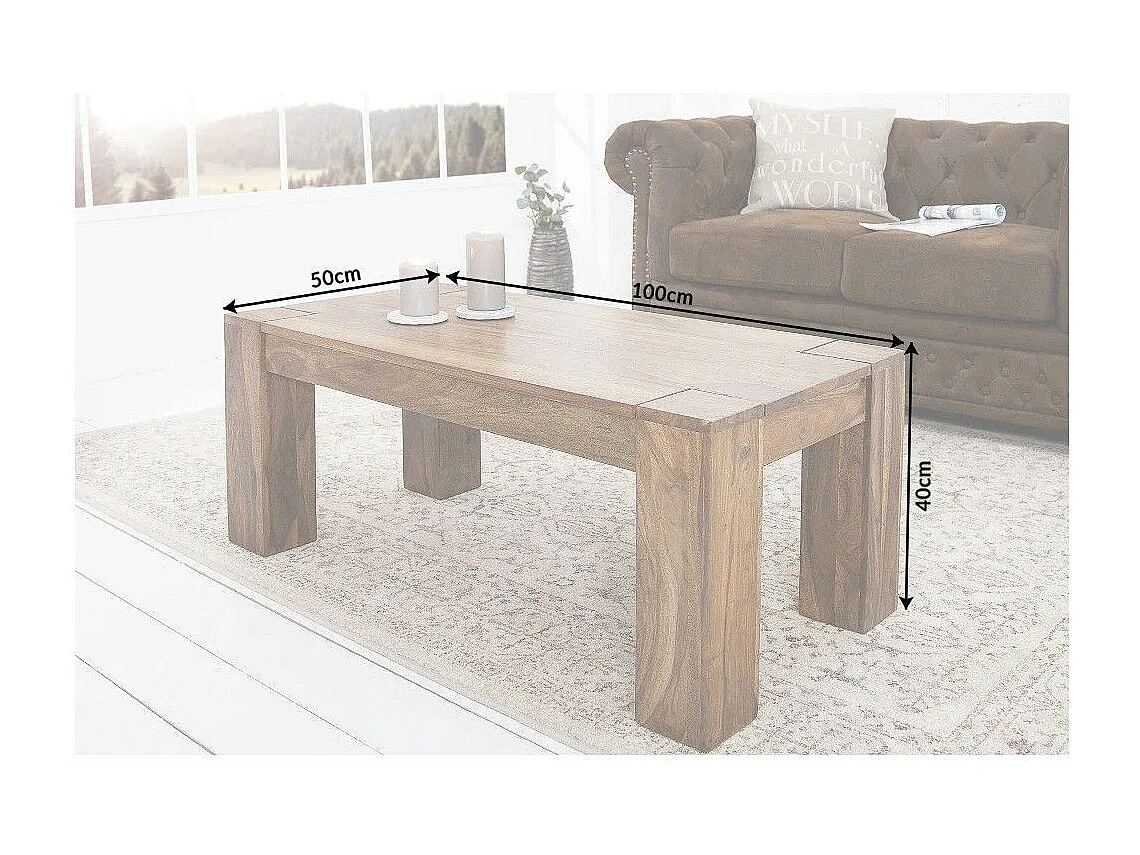 Table basse ORBO rectangulaire 100 cm – Table basse rustique en bois massif de sheesham