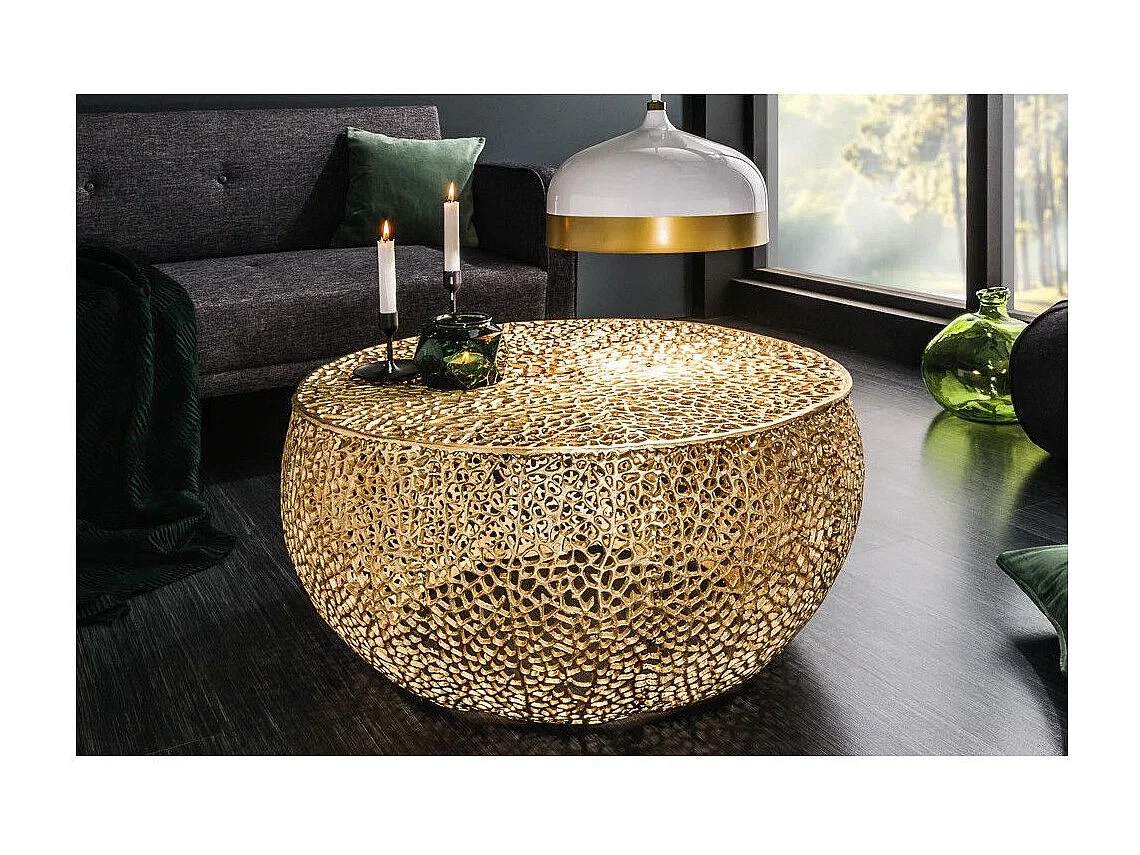 Table basse METRIX ronde dorée 80 cm – Table basse design en aluminium ajouré