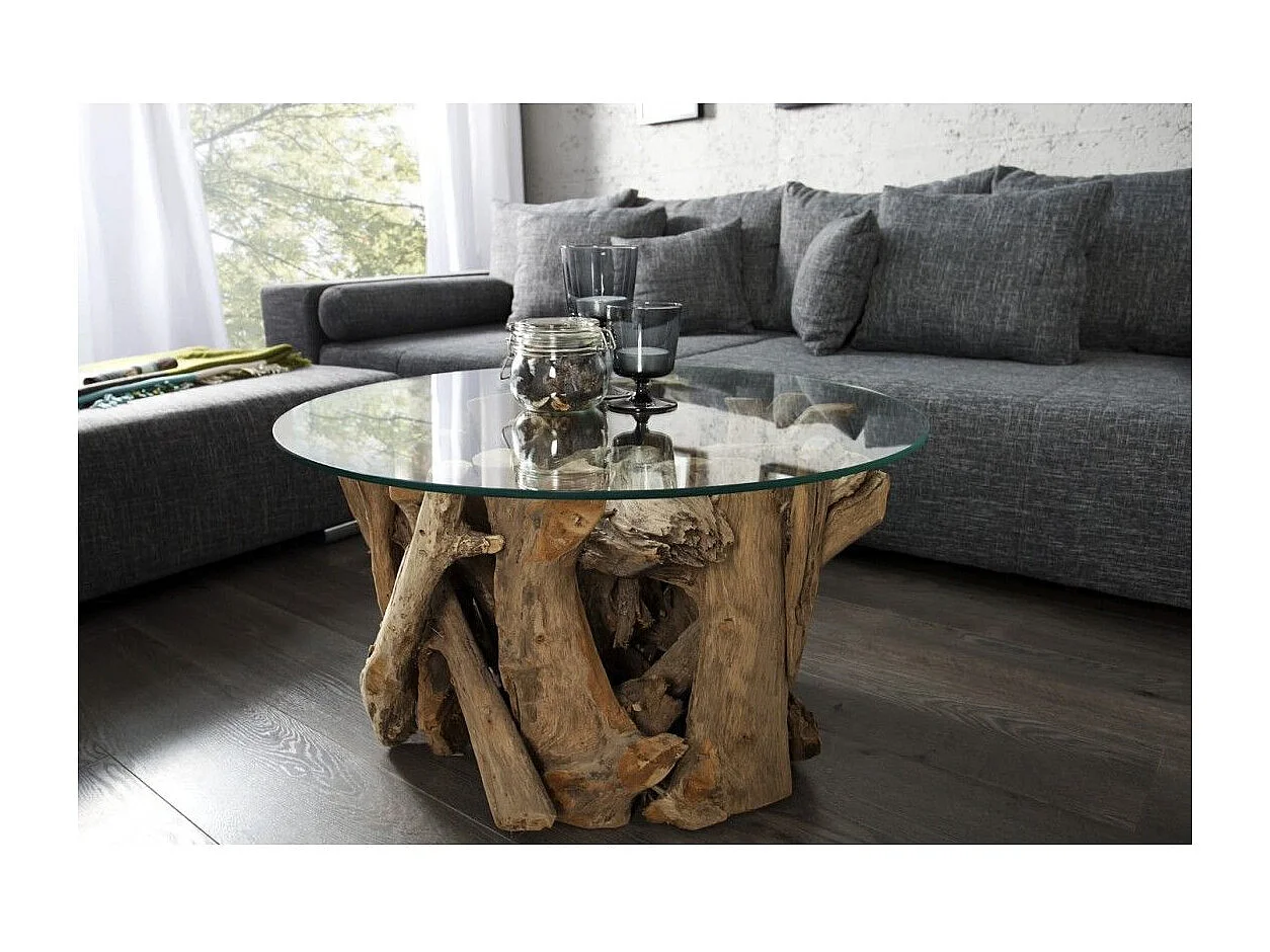 Table basse ronde ARBOREA 70 cm – Table basse en bois de teck avec plateau en verre trempé