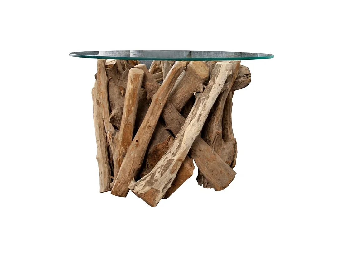 Ronde salontafel ARBOREA 70 cm – Ronde salontafel van teakhout met een blad van gehard glas