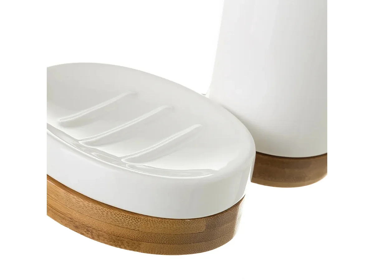 Ensemble de salle de bain de 3 pièces : Distributeur de Savon, Porte Savon, Gobelet en céramique coloris Blanc et bambou