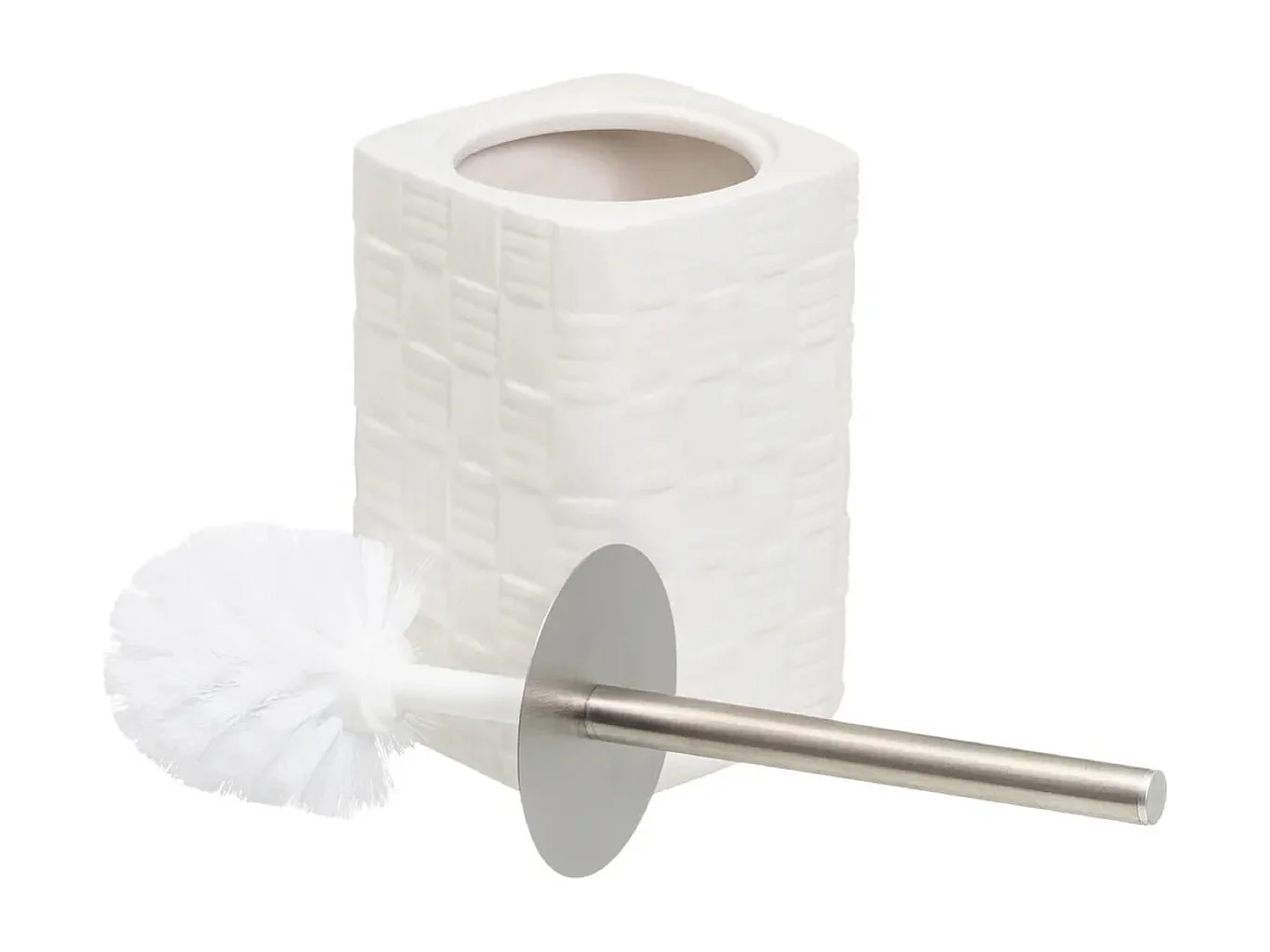 Brosse à toilettes avec poignée en acier gris et support en céramique blanc - Longueur 11 x Largeur 11 x Hauteur 34 cm