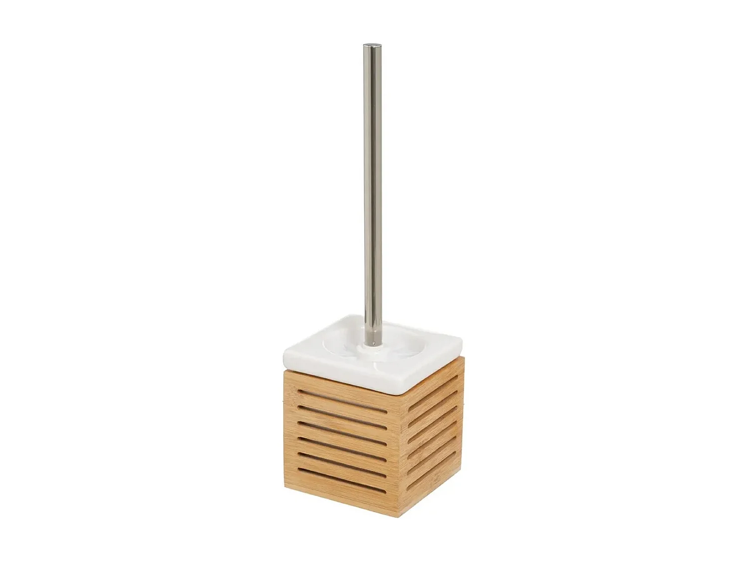 Brosse à toilettes avec poignée en acier gris et support en céramique blanc et bambou - Longueur 11 x Largeur 11 x Hauteur 37 cm