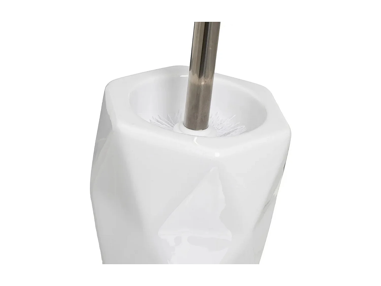 Brosse à toilettes avec poignée en acier gris et support en céramique blanche - Longueur 13 x Largeur 13 x Hauteur 35 cm