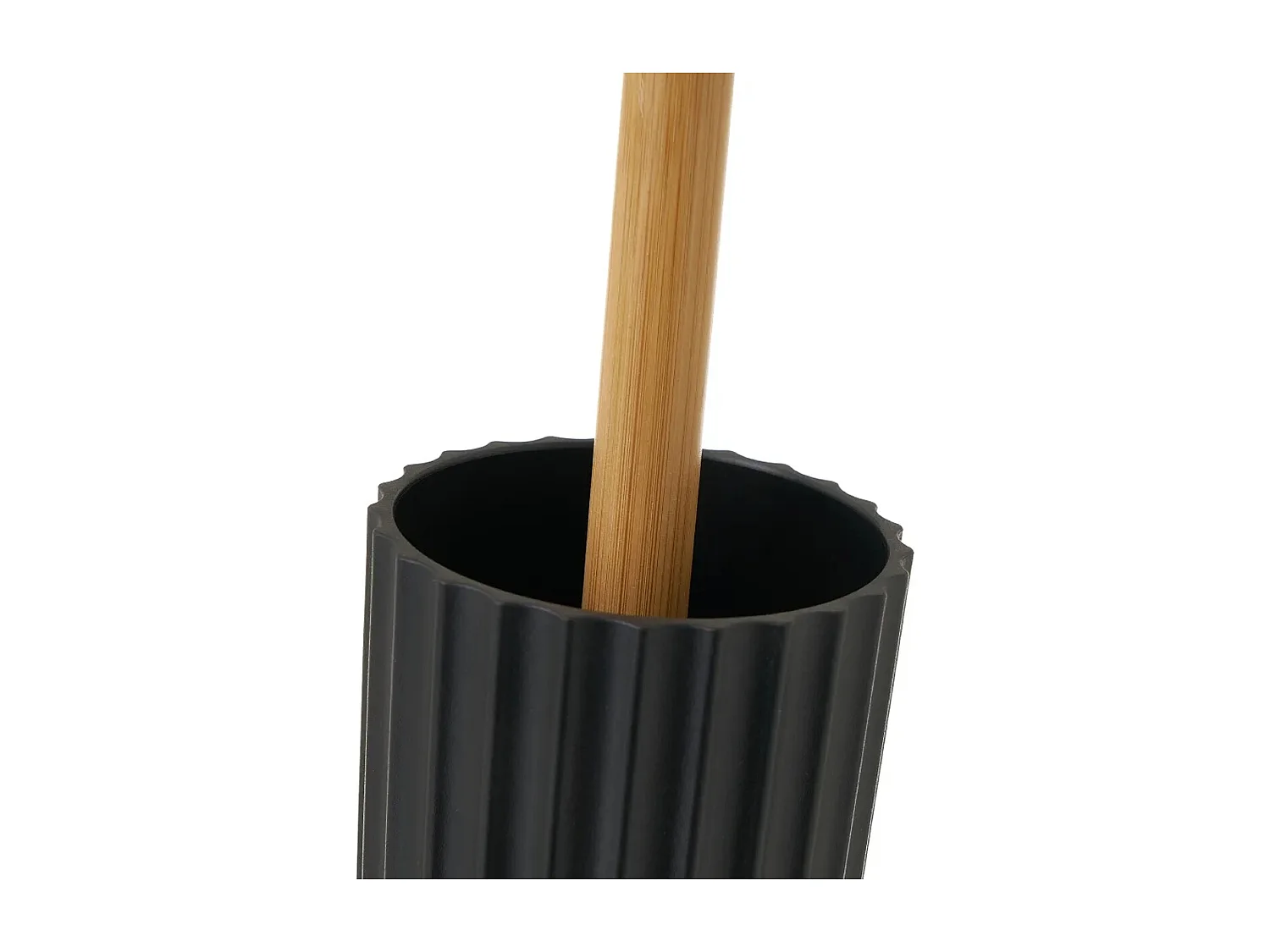 Brosse à toilettes avec poignée en bambou et support en Polystyrène noir - Longueur 9 x Largeur 9 x Hauteur 36 cm