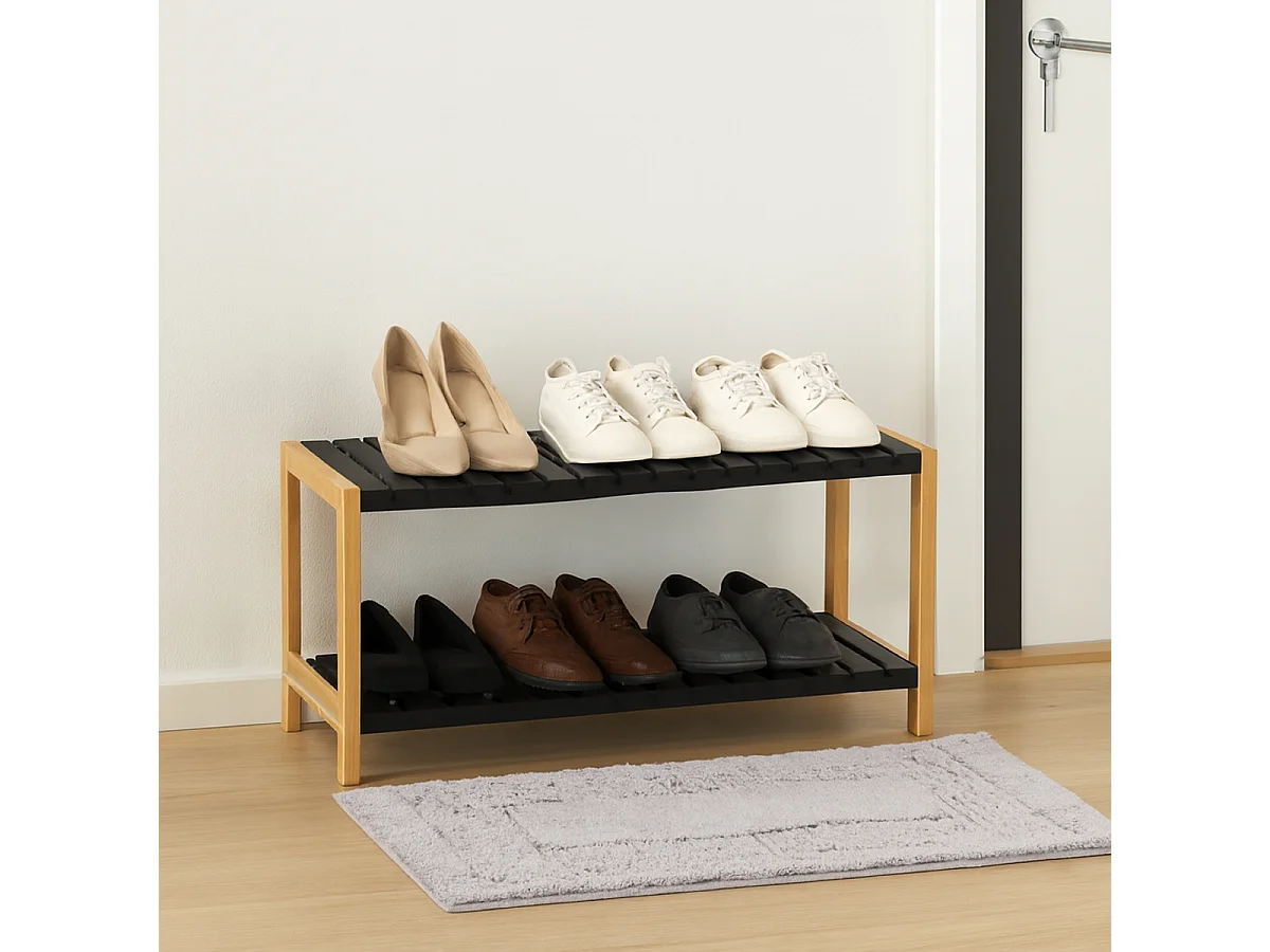 Etagère à chaussures en bambou meuble à chaussure de 2 étagères coloris Noir - Longueur 70 X Profondeur 26 X Hauteur 36 cm
