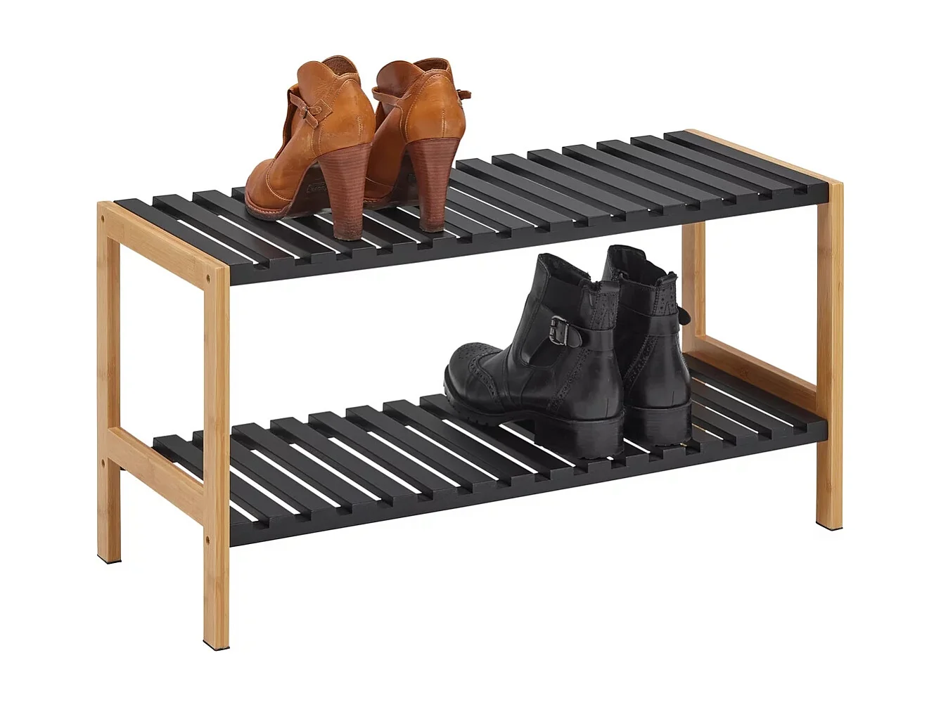 Etagère à chaussures en bambou meuble à chaussure de 2 étagères coloris Noir - Longueur 70 X Profondeur 26 X Hauteur 36 cm
