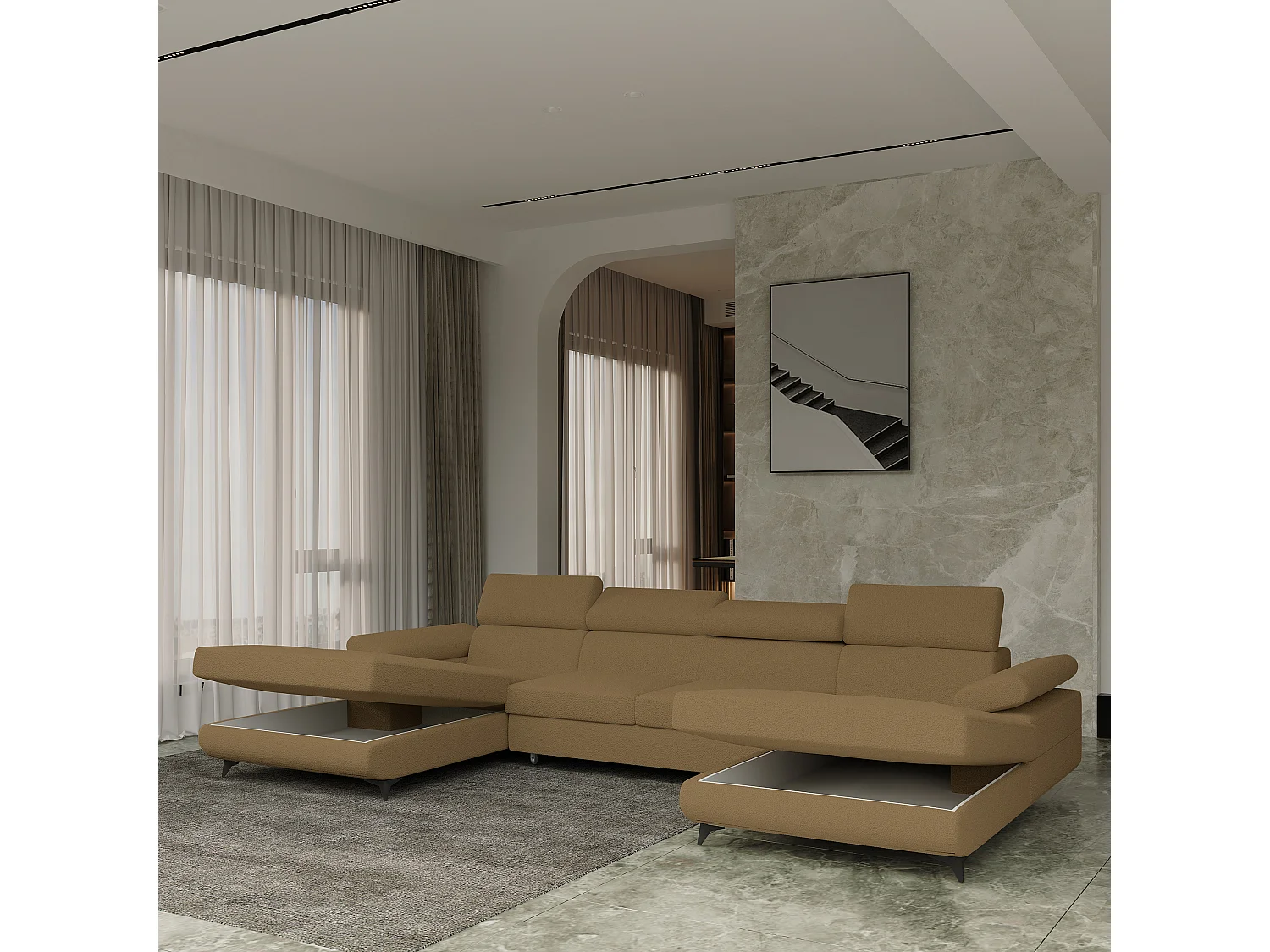 Canapé d'angle DETTI Orange en bouclé avec fonction de couchage