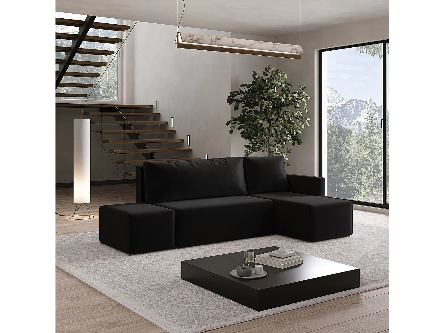 Hoekbank VELOTTI van fluweel met slaapfunctie Schwarz