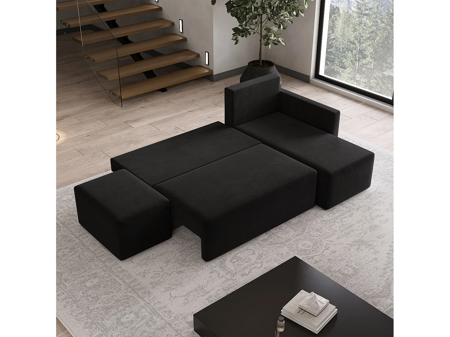Hoekbank VELOTTI van fluweel met slaapfunctie Schwarz