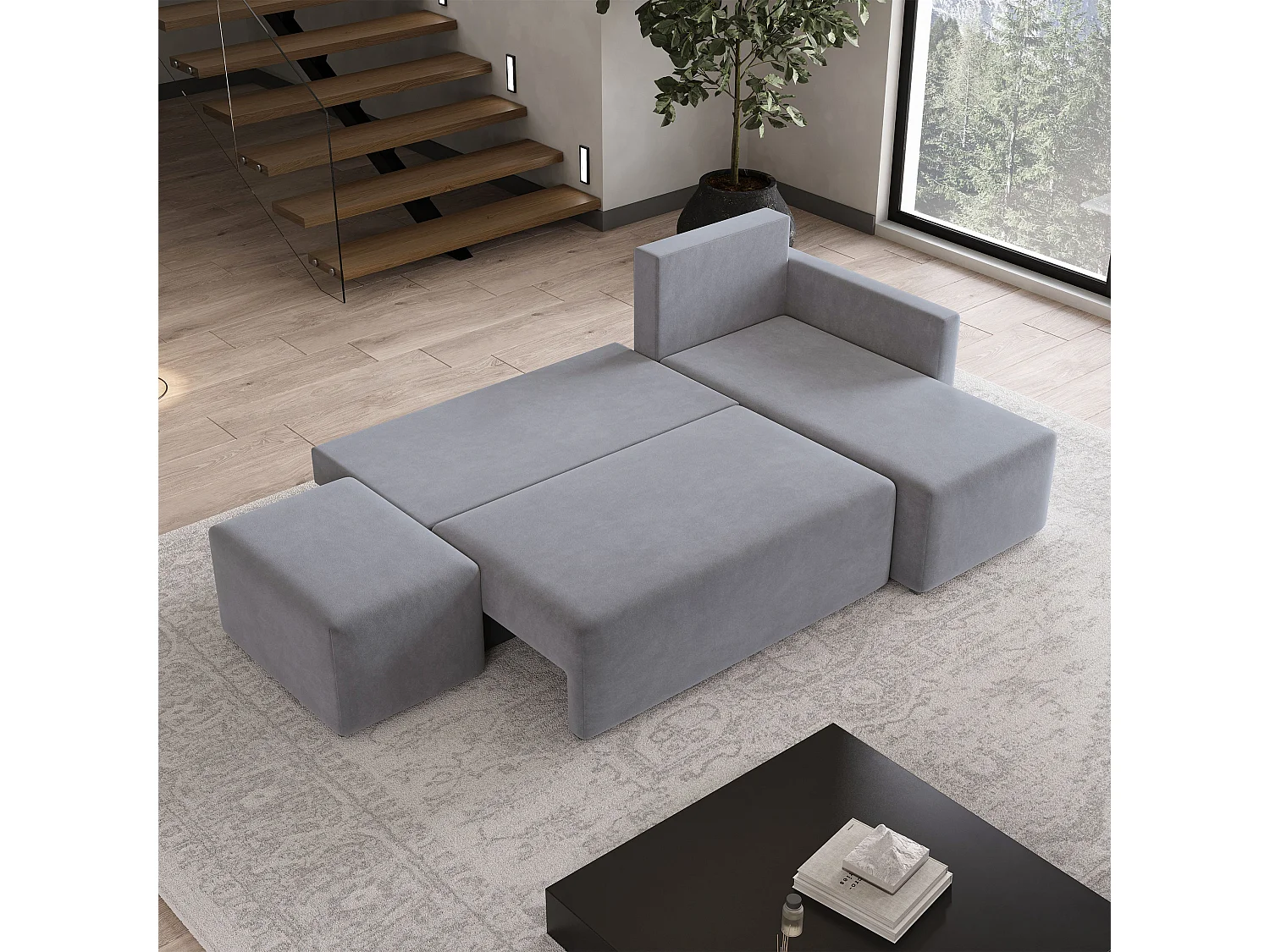 Hoekbank VELOTTI van fluweel met slaapfunctie Grau