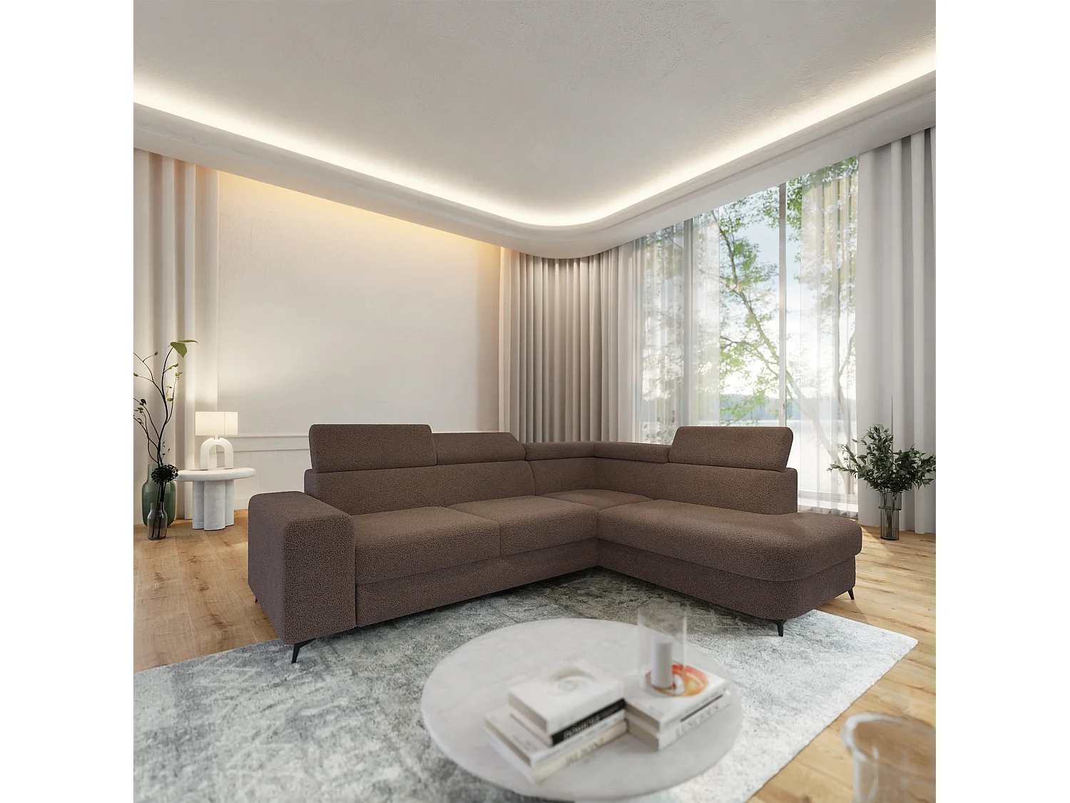 Hoekbank ALVORO van fluweel met slaapfunctie Braun