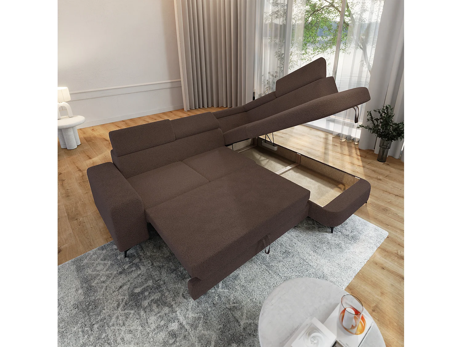 Hoekbank ALVORO van fluweel met slaapfunctie Braun