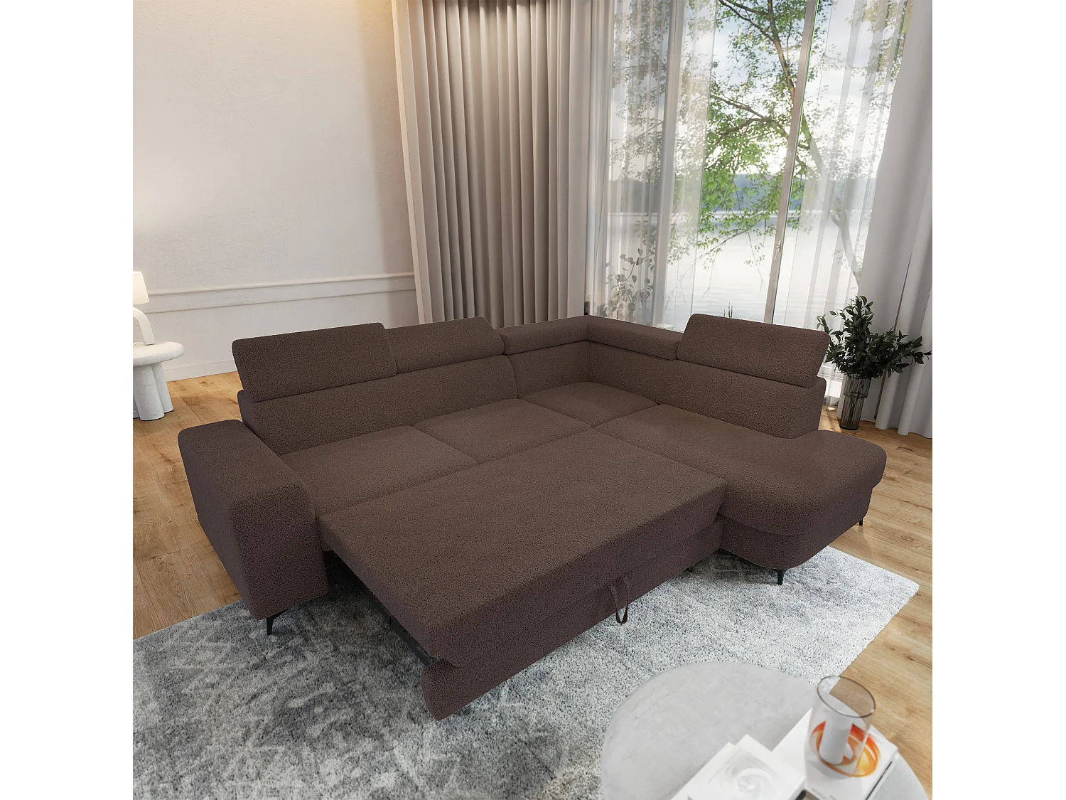 Hoekbank ALVORO van fluweel met slaapfunctie Braun