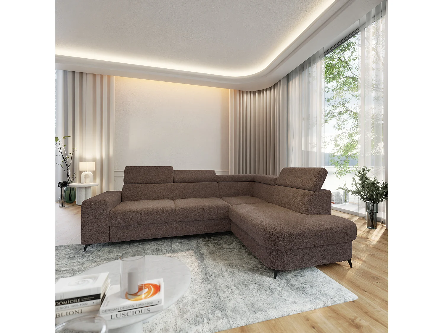 Hoekbank ALVORO van fluweel met slaapfunctie Braun