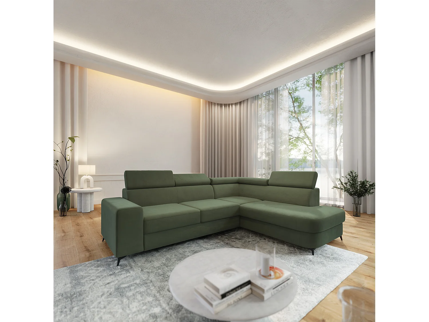 Hoekbank ALVORO van fluweel met slaapfunctie Grün