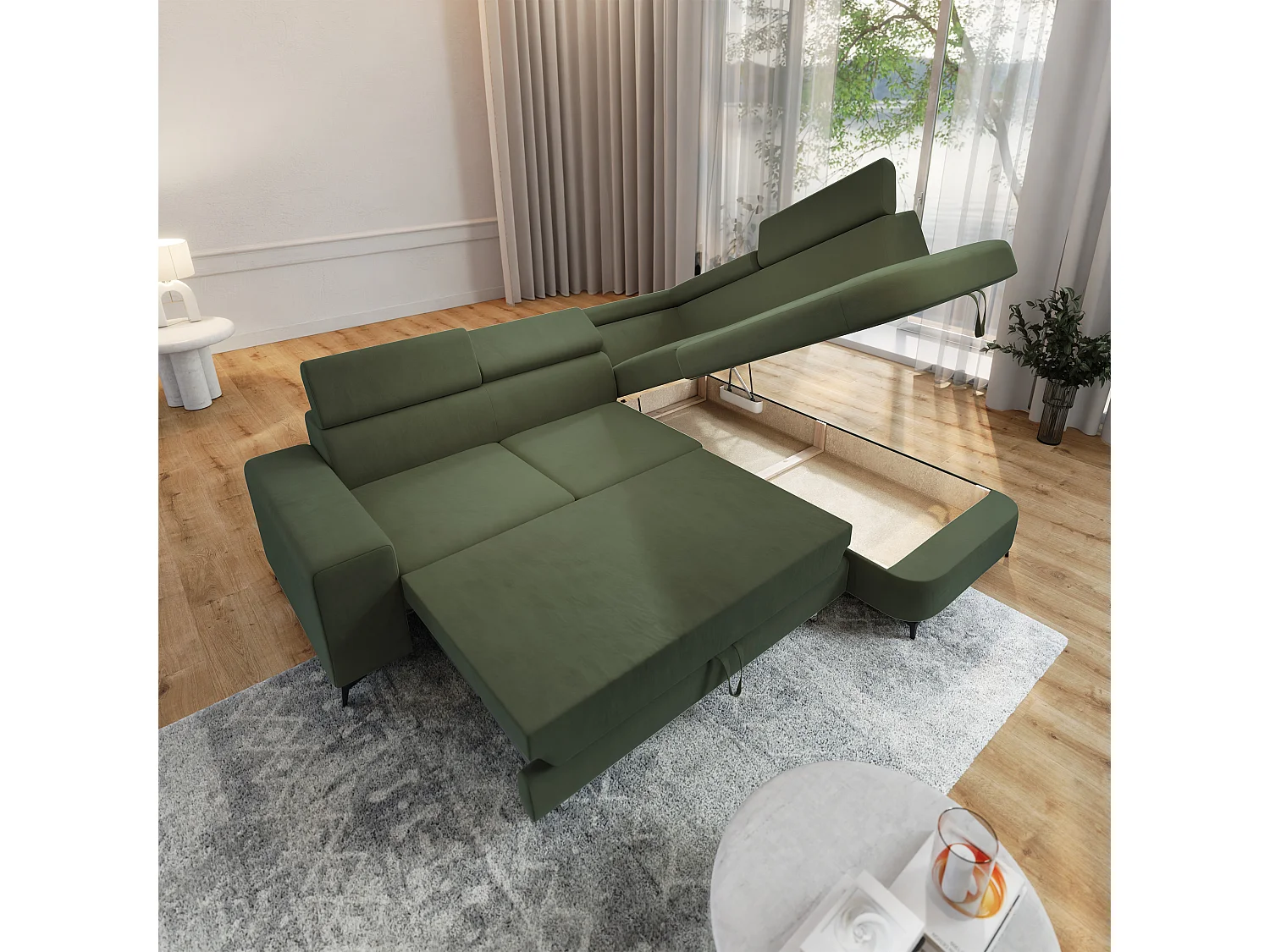 Hoekbank ALVORO van fluweel met slaapfunctie Grün