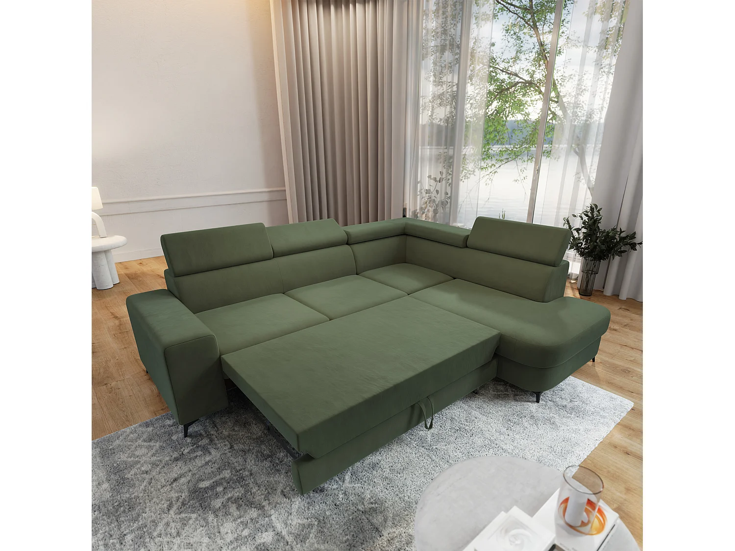 Hoekbank ALVORO van fluweel met slaapfunctie Grün