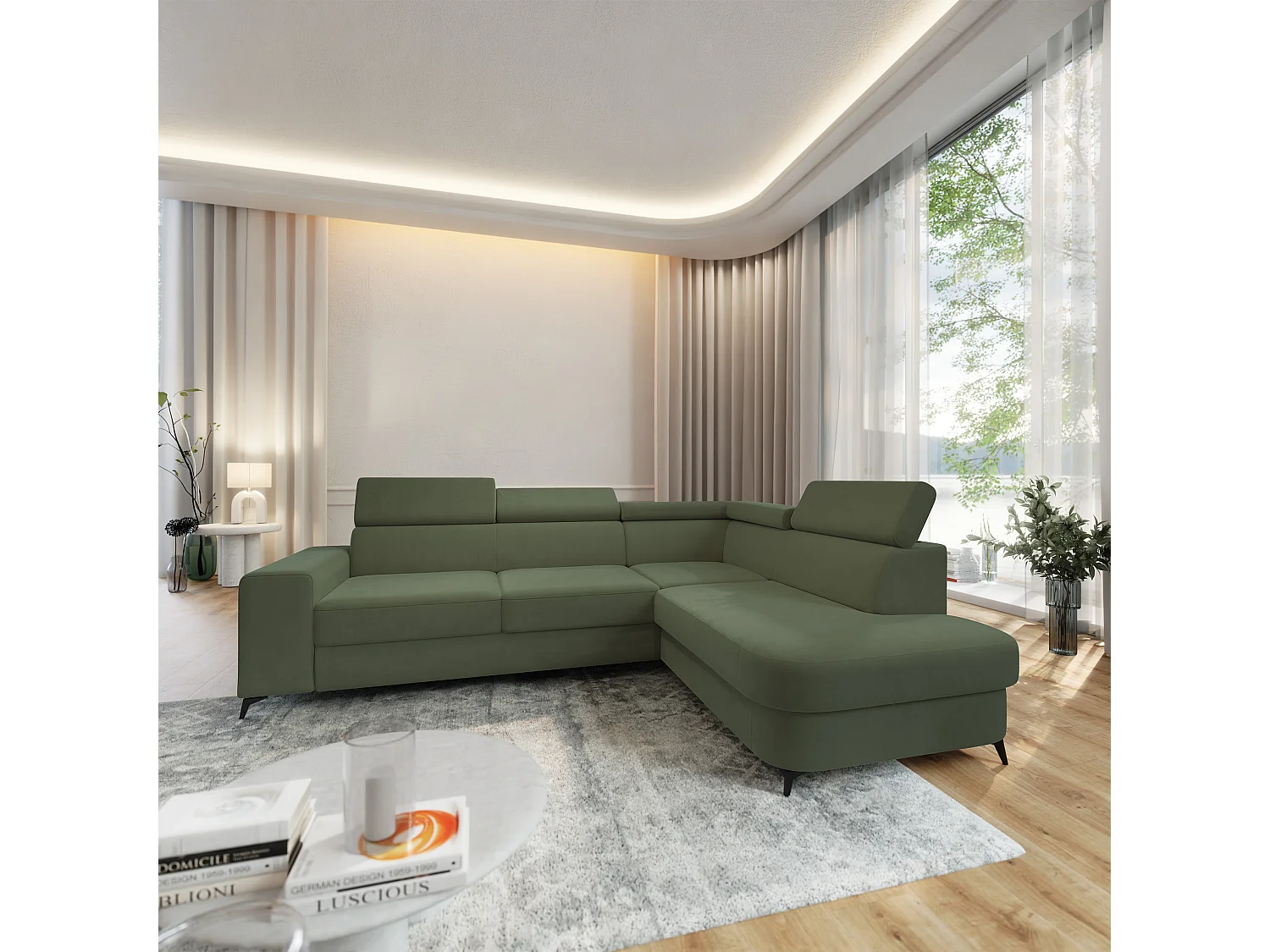 Hoekbank ALVORO van fluweel met slaapfunctie Grün