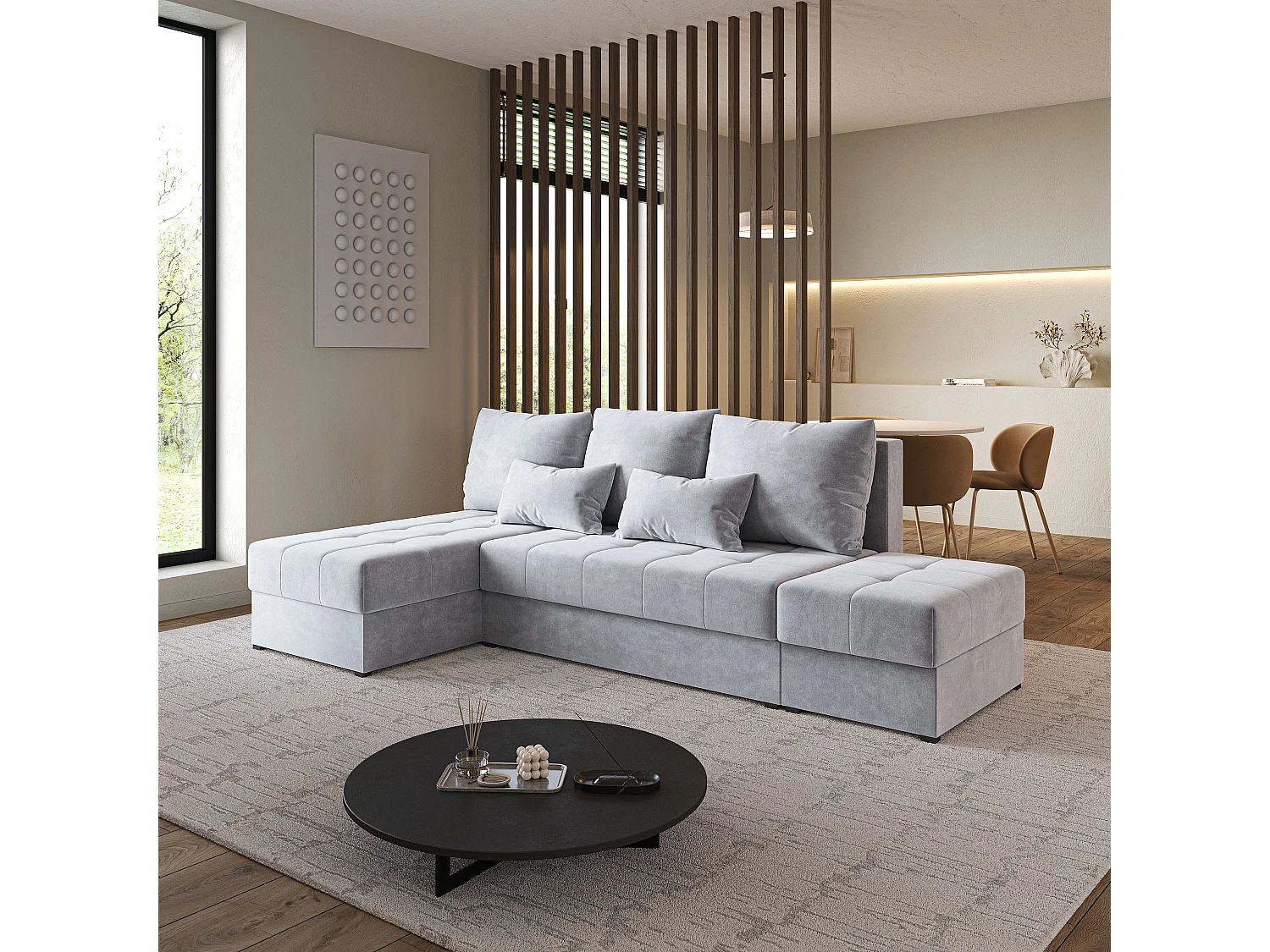 Hoekbank NORVI van fluweel met slaapfunctie Hellgrau