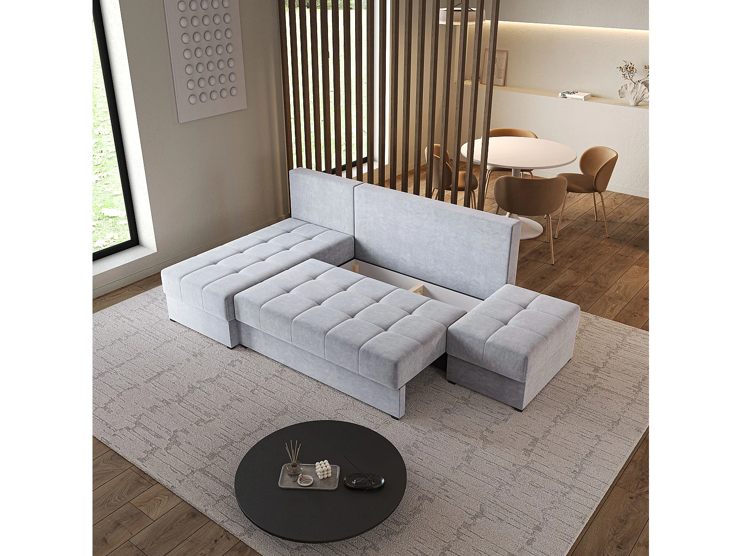 Hoekbank NORVI van fluweel met slaapfunctie Hellgrau