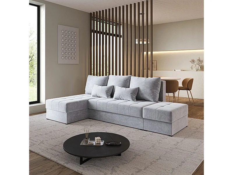 Hoekbank NORVI van fluweel met slaapfunctie Hellgrau