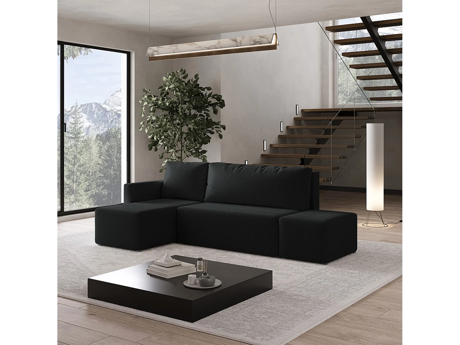Hoekbank VELOTTI van fluweel met slaapfunctie Schwarz