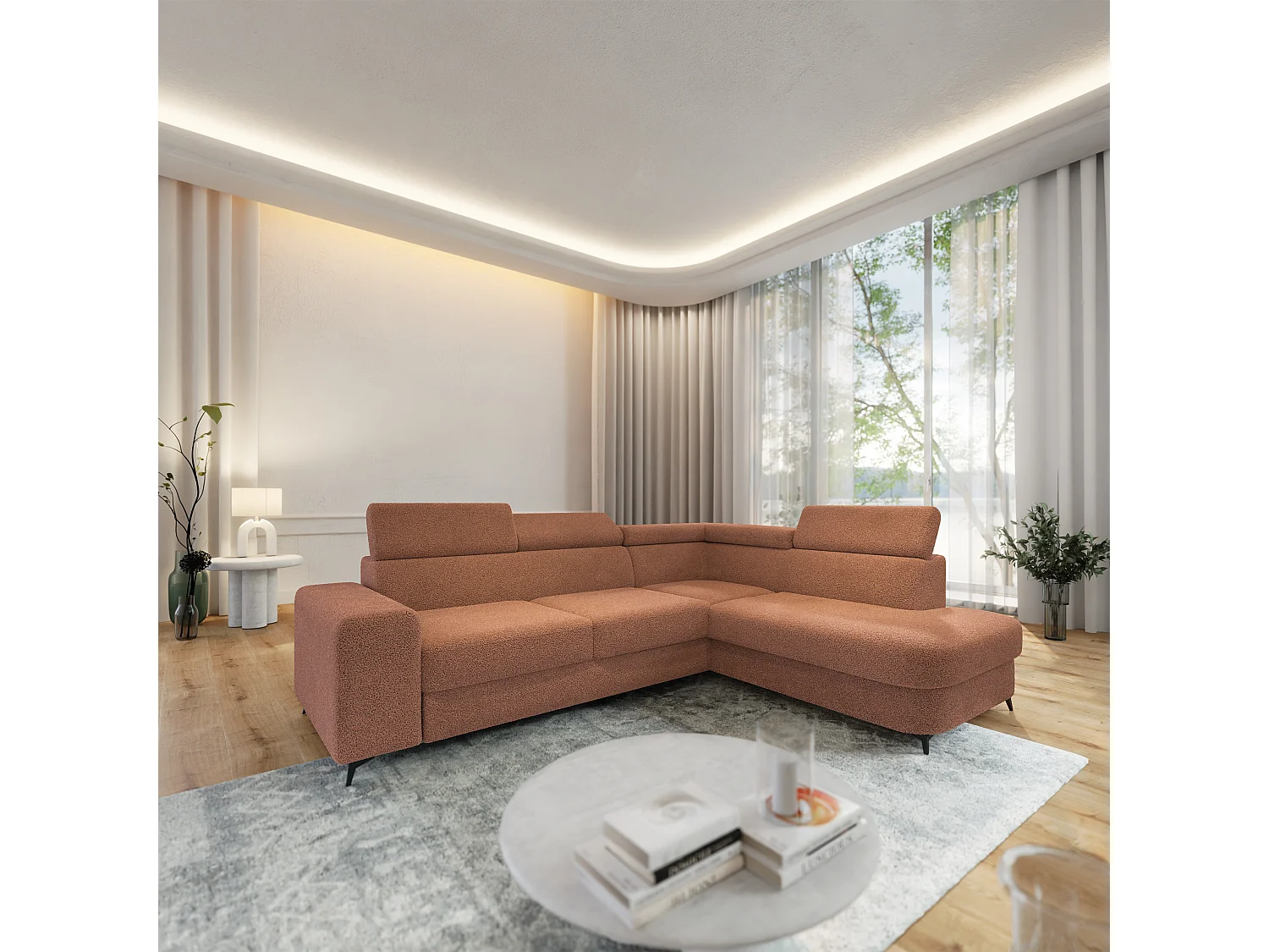 Hoekbank ALVORO van fluweel met slaapfunctie Orange