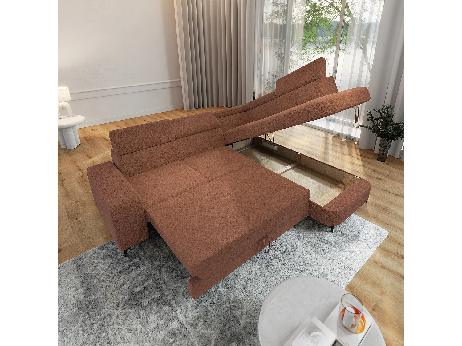 Hoekbank ALVORO van fluweel met slaapfunctie Orange