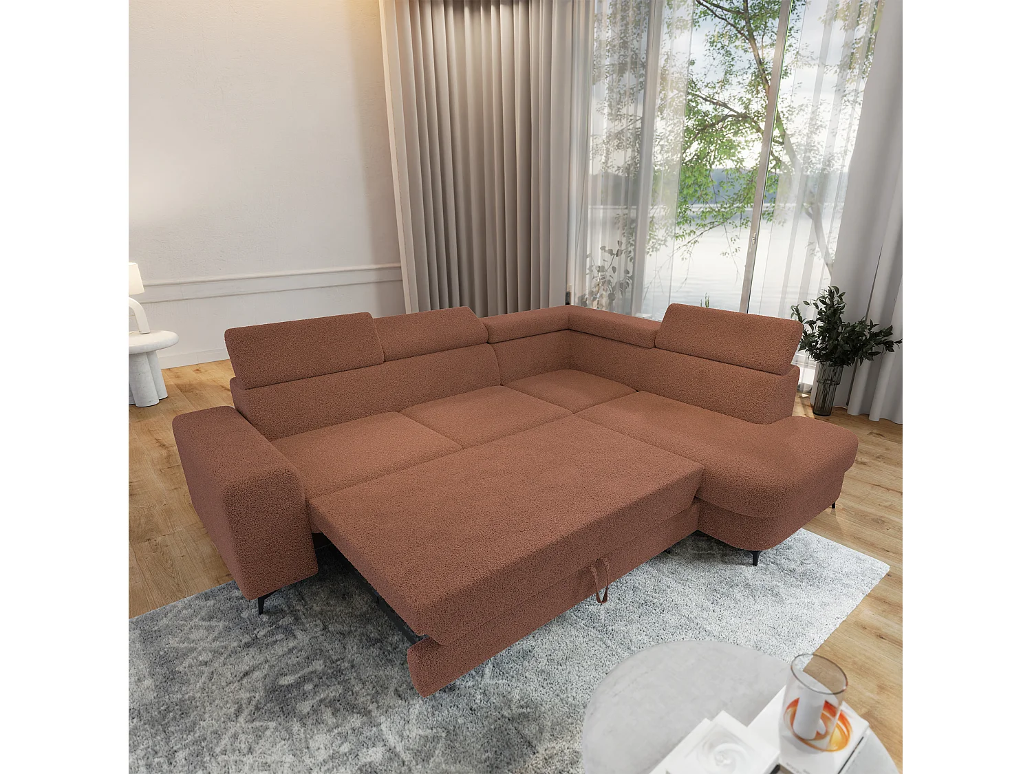 Hoekbank ALVORO van fluweel met slaapfunctie Orange