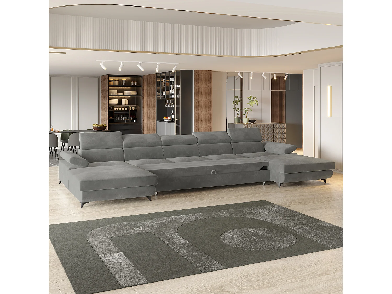 Canapé d'angle VIVENTE Gris en velours avec fonction de couchage