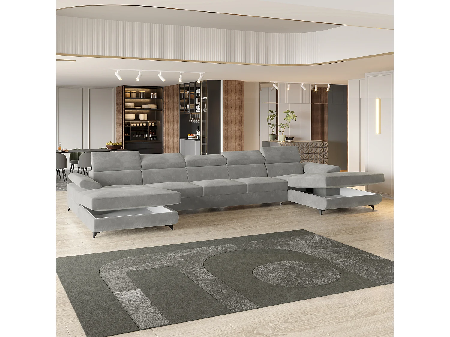 Canapé d'angle VIVENTE Gris clair en velours avec fonction de couchage