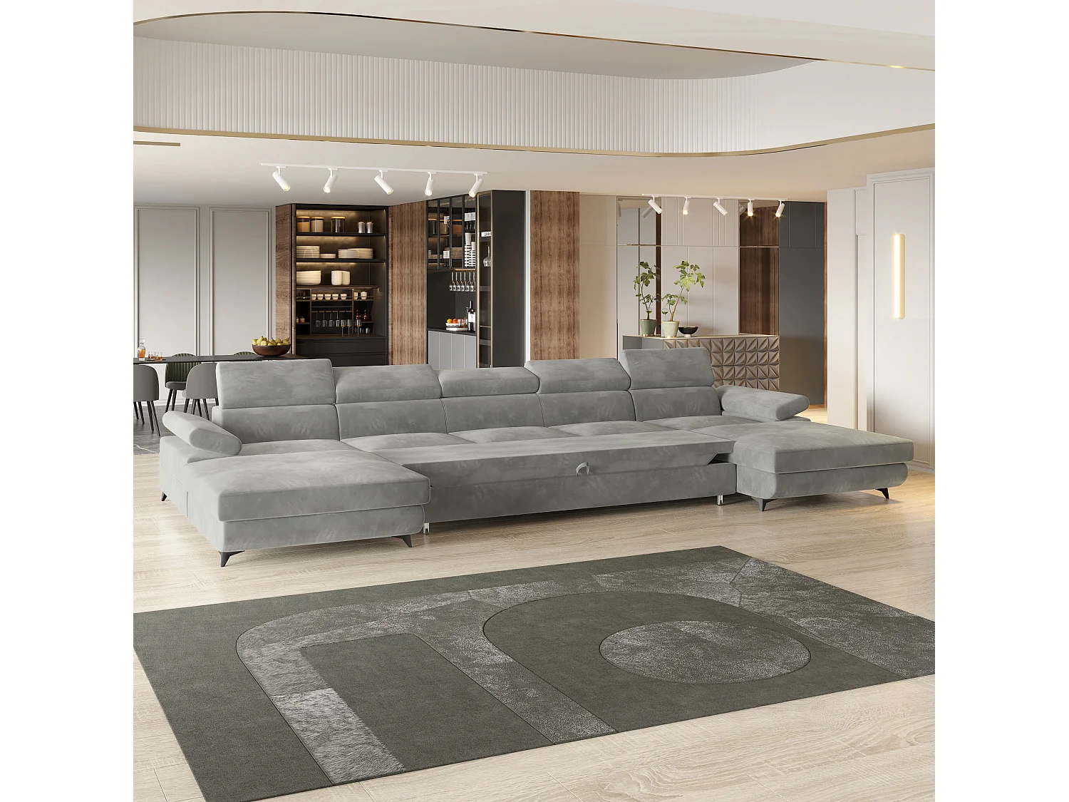Canapé d'angle VIVENTE Gris clair en velours avec fonction de couchage