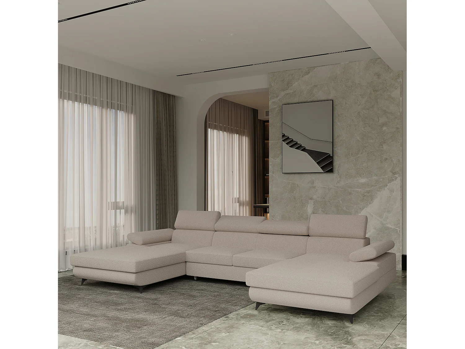 Canapé d'angle DETTI Beige en bouclé avec fonction de couchage