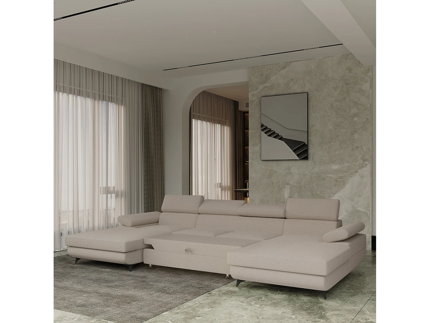 Canapé d'angle DETTI Beige en bouclé avec fonction de couchage