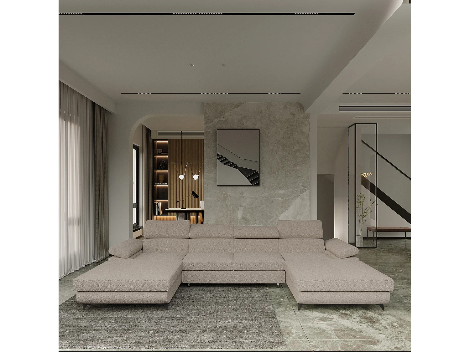 Canapé d'angle DETTI Beige en bouclé avec fonction de couchage