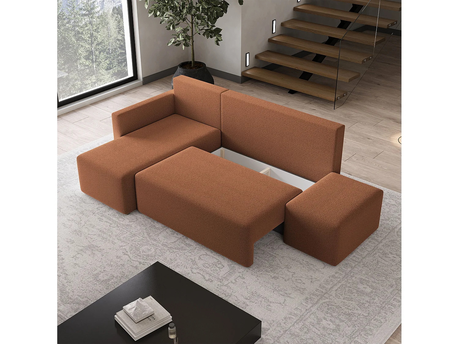 Hoekbank VELOTTI van fluweel met slaapfunctie Orange