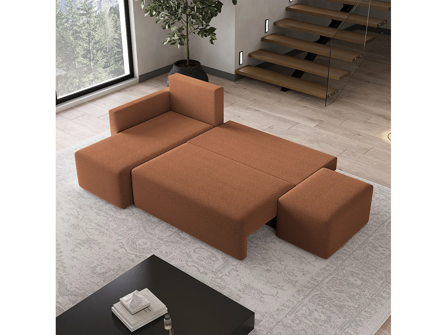 Hoekbank VELOTTI van fluweel met slaapfunctie Orange