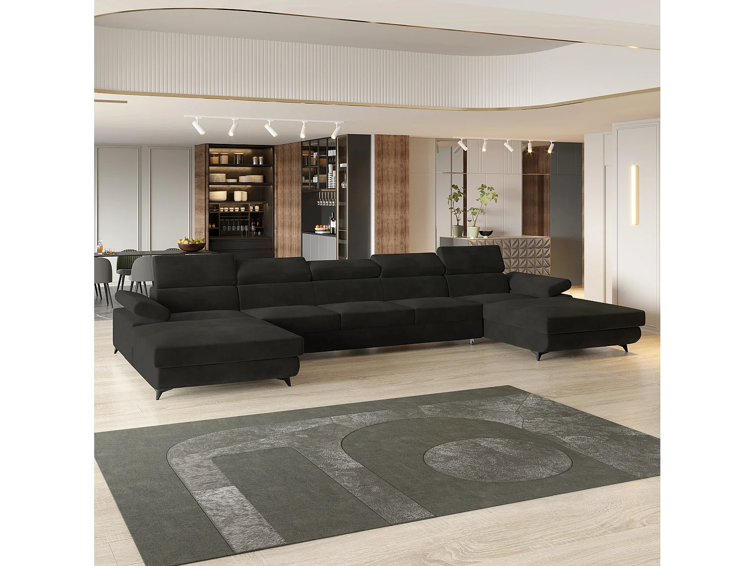 Canapé d'angle VIVENTE Noir en velours avec fonction de couchage