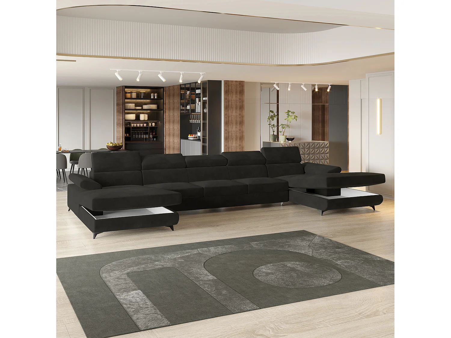 Canapé d'angle VIVENTE Noir en velours avec fonction de couchage