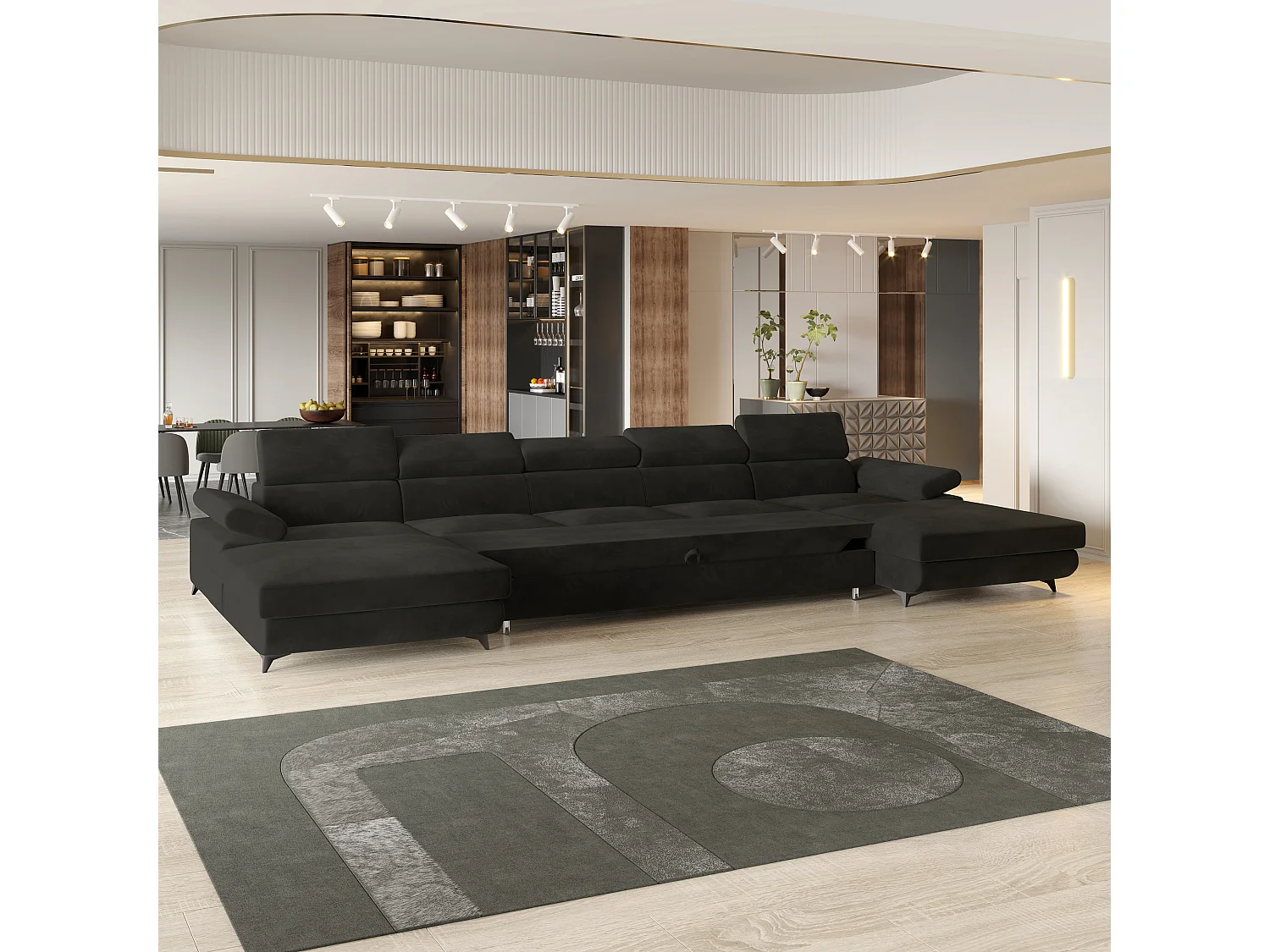 Canapé d'angle VIVENTE Noir en velours avec fonction de couchage