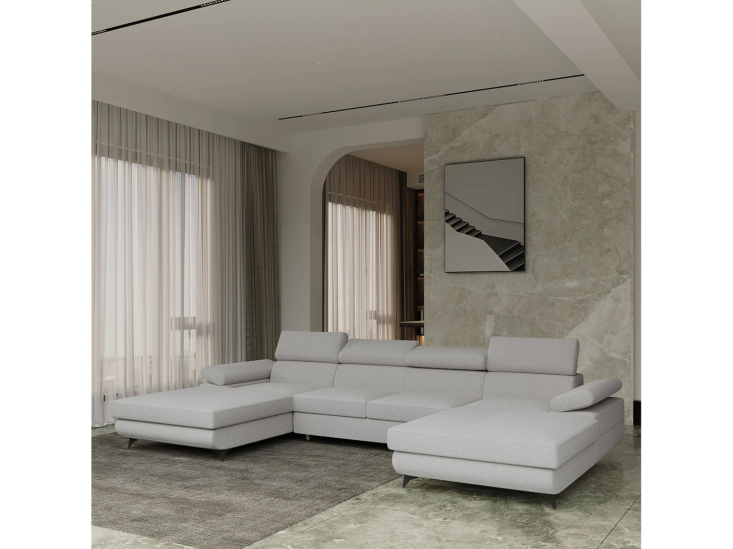 Canapé d'angle DETTI Gris clair en bouclé avec fonction de couchage