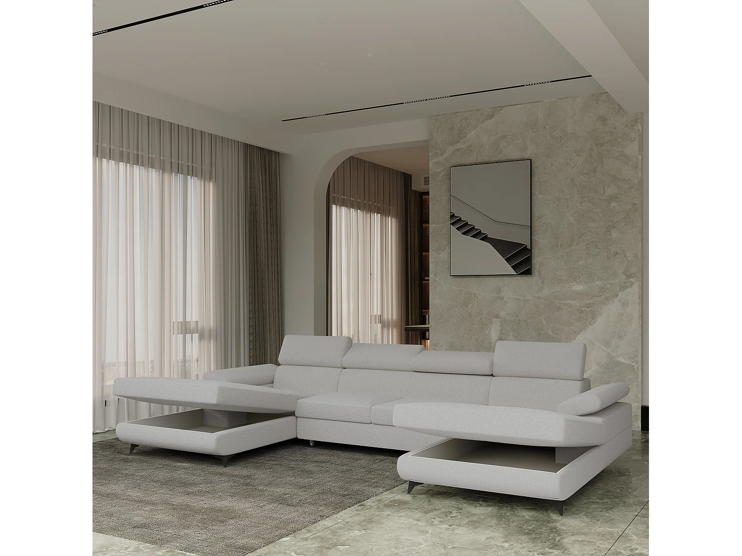 Canapé d'angle DETTI Gris clair en bouclé avec fonction de couchage