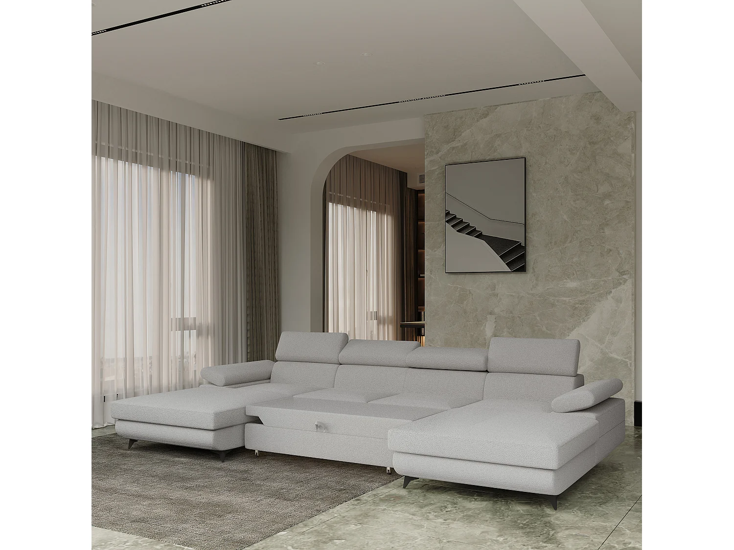 Canapé d'angle DETTI Gris clair en bouclé avec fonction de couchage