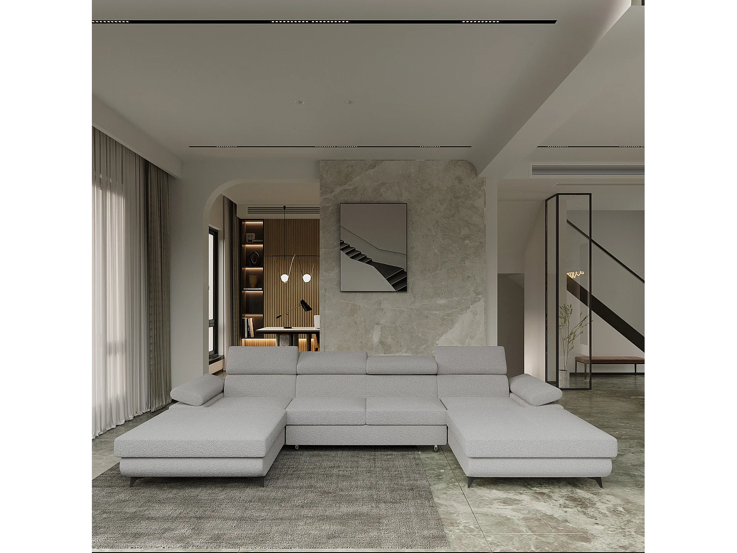 Canapé d'angle DETTI Gris clair en bouclé avec fonction de couchage