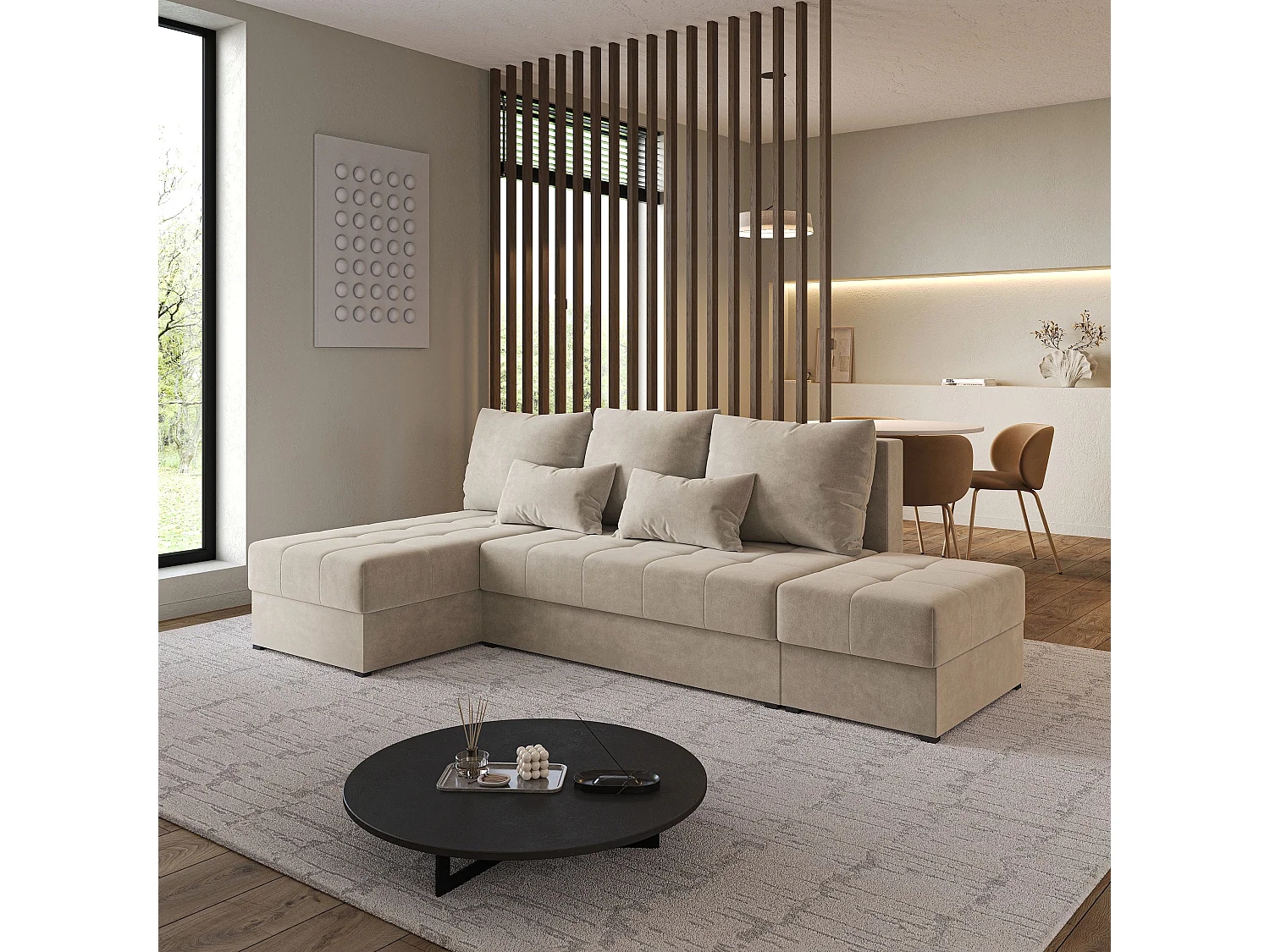 Hoekbank NORVI van fluweel met slaapfunctie Beige